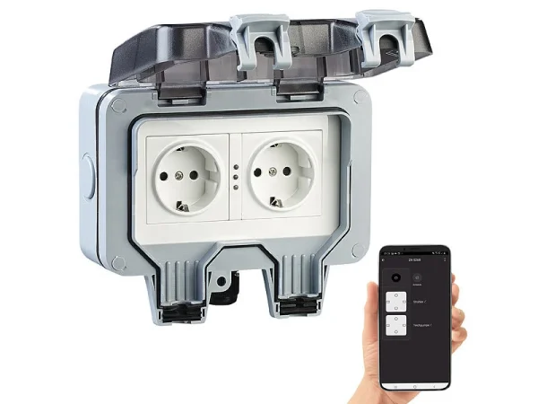 Luminea Home Control Außensteckdose WLAN:2er-Set Outdoor-WLAN-Doppelsteckdosen, Sprachbefehl, Strommessung, App 12