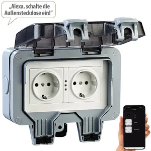 Luminea Home Control Außensteckdose WLAN:2er-Set Outdoor-WLAN-Doppelsteckdosen, Sprachbefehl, Strommessung, App 35