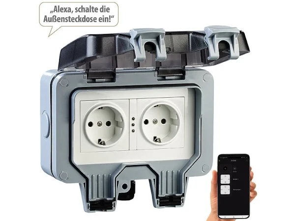 Luminea Home Control Außensteckdose WLAN:2er-Set Outdoor-WLAN-Doppelsteckdosen, Sprachbefehl, Strommessung, App 11