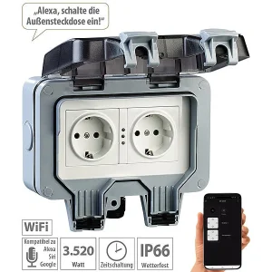 Luminea Home Control Außensteckdose WLAN:2er-Set Outdoor-WLAN-Doppelsteckdosen, Sprachbefehl, Strommessung, App 33