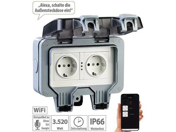 Luminea Home Control Außensteckdose WLAN:2er-Set Outdoor-WLAN-Doppelsteckdosen, Sprachbefehl, Strommessung, App 10