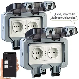 Luminea Home Control Außensteckdose WLAN:2er-Set Outdoor-WLAN-Doppelsteckdosen, Sprachbefehl, Strommessung, App 19