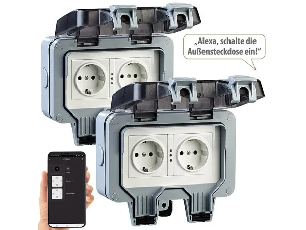 Luminea Home Control Außensteckdose WLAN:2er-Set Outdoor-WLAN-Doppelsteckdosen, Sprachbefehl, Strommessung, App 3