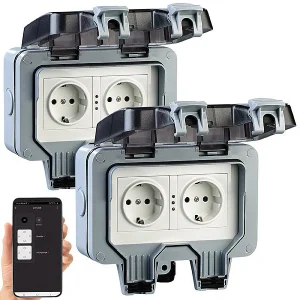 Luminea Home Control Außensteckdose WLAN:2er-Set Outdoor-WLAN-Doppelsteckdosen, Sprachbefehl, Strommessung, App 21