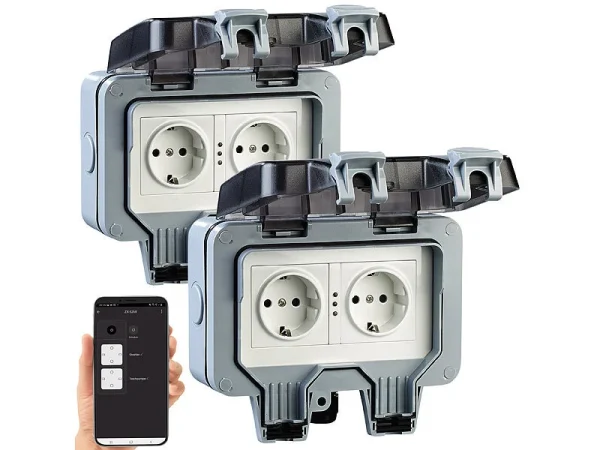 Luminea Home Control Außensteckdose WLAN:2er-Set Outdoor-WLAN-Doppelsteckdosen, Sprachbefehl, Strommessung, App 4
