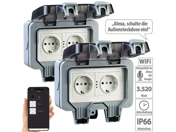 Luminea Home Control Außensteckdose WLAN:2er-Set Outdoor-WLAN-Doppelsteckdosen, Sprachbefehl, Strommessung, App 1