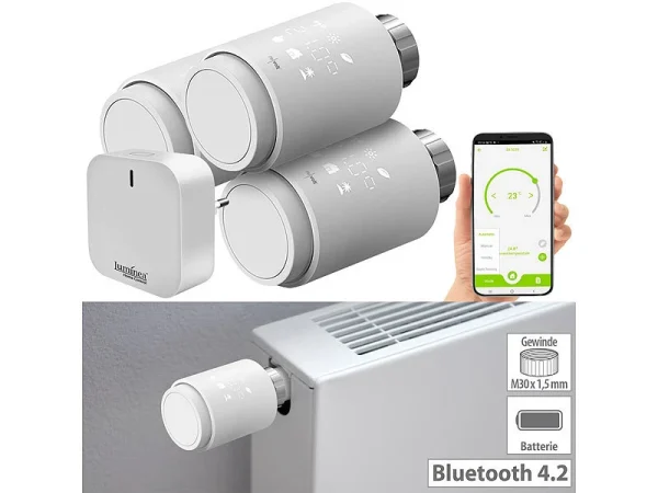 Revolt Heizkörperthermostate:3er-Set Programmierbare Heizkörper-Thermostate Mit WLAN-Gateway & App 1