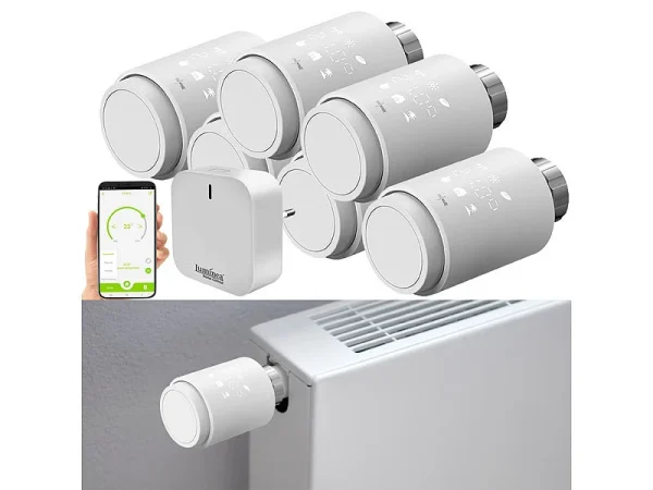 Revolt Heizungsthermostate:6er-Set Programmierbare Heizkörper-Thermostate Mit WLAN-Gateway & App 3