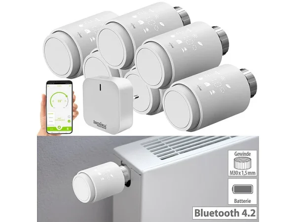 Revolt Heizungsthermostate:6er-Set Programmierbare Heizkörper-Thermostate Mit WLAN-Gateway & App 1