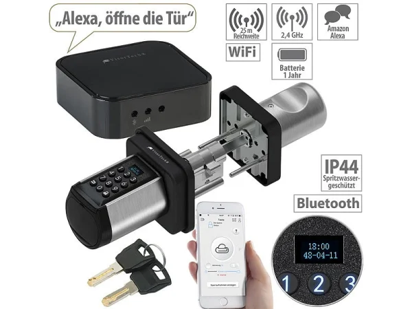 VisorTech Türschloss Mit Schlüssel:Elektronischer Tür-Schließzylinder, Code, 2 Schlüssel, IP44, M Gateway 1