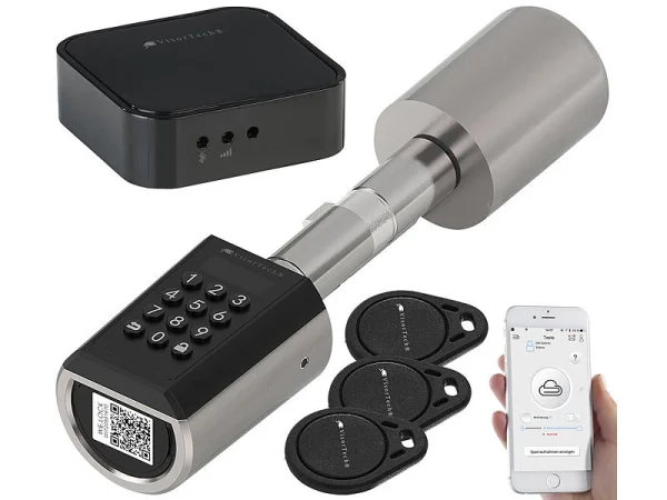 VisorTech Schloss:Elektronischer Tür-Schließzylinder, Transponder, App, IP65, M Gateway 4