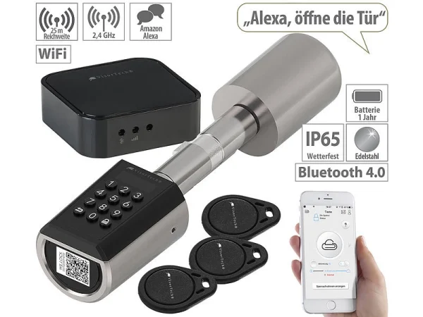 VisorTech Schloss:Elektronischer Tür-Schließzylinder, Transponder, App, IP65, M Gateway 1