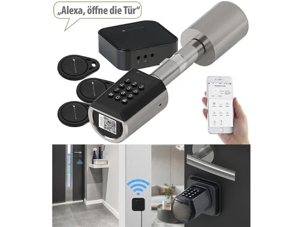 VisorTech Schloss:Elektronischer Tür-Schließzylinder, Transponder, App, IP65, M Gateway 3