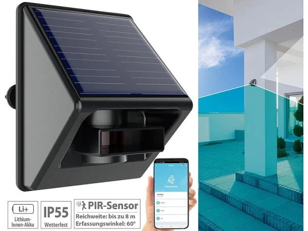 Luminea Home Control Bewegungs Melder:ZigBee-kompatibler Outdoor-PIR-Sensor Mit Solarpanel, App, IP55 1