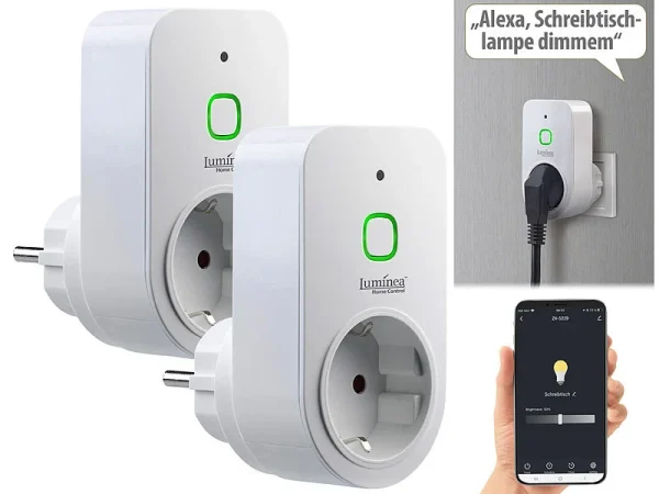 Luminea Home Control Dimmschalter-Steckdosen:2er Smarte WLAN-Dimmer-Steckdose Mit Phasenabschnittsdimmer Bis 200 W 3
