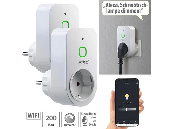 Luminea Home Control Dimmschalter-Steckdosen:2er Smarte WLAN-Dimmer-Steckdose Mit Phasenabschnittsdimmer Bis 200 W 1