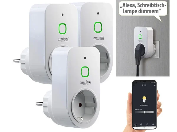 Luminea Home Control Dimmersteckdosen:3er Smarte WLAN-Dimmer-Steckdose Mit Phasenabschnittsdimmer Bis 200 W 3