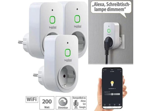 Luminea Home Control Dimmersteckdosen:3er Smarte WLAN-Dimmer-Steckdose Mit Phasenabschnittsdimmer Bis 200 W 1