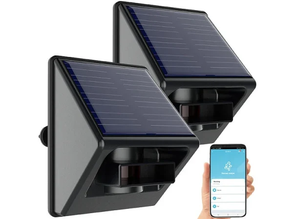 Luminea Home Control Bewegungsmelder Mit App:2er-Set Outdoor-PIR-Sensoren, Solarpanel, App, IP55, ZigBee-kompatibel 4