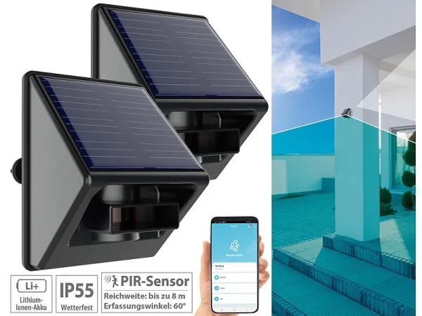 Luminea Home Control Bewegungsmelder Mit App:2er-Set Outdoor-PIR-Sensoren, Solarpanel, App, IP55, ZigBee-kompatibel 1