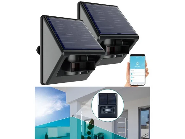 Luminea Home Control Bewegungsmelder Mit App:2er-Set Outdoor-PIR-Sensoren, Solarpanel, App, IP55, ZigBee-kompatibel 3