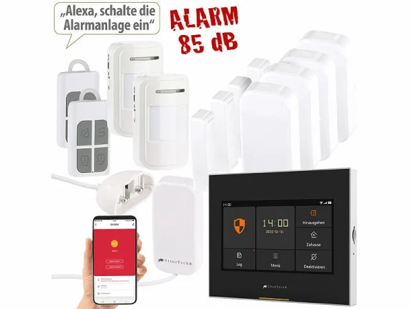 VisorTech Alarmanlage Sets:10-tlg. Funk-Alarmanlage: 7 Sensoren, 2 Fernbedienungen, GSM, WLAN App 1
