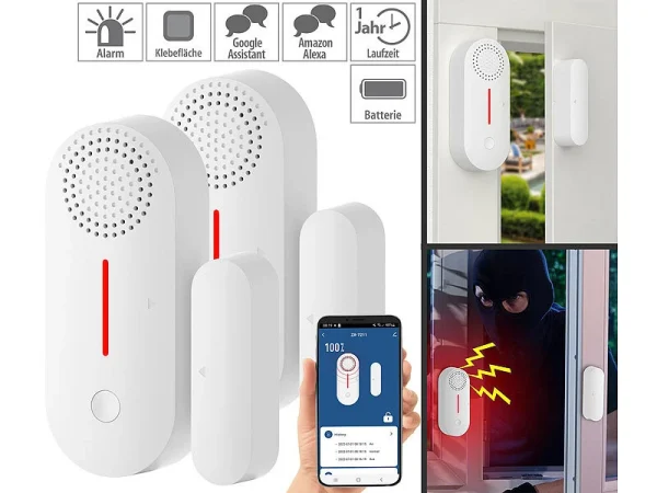 VisorTech Alarmanlage Türkontakt:2er-Set WLAN-Tür- & Fensteralarme Mit Sirene, App Und Sprachsteuerung 1