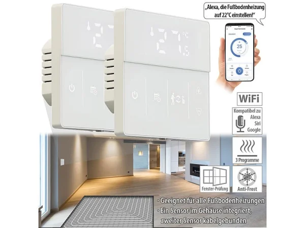 Revolt Thermostat WLAN Heizung:2er-Set WLAN-Fußbodenheizung-Thermostate Mit App, Weiß 1