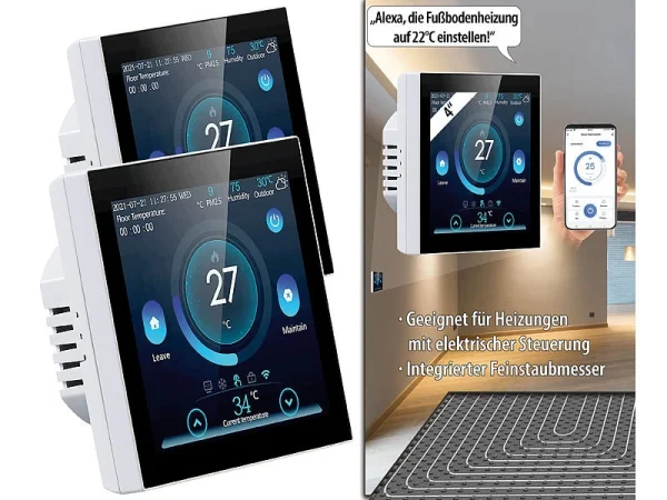 Revolt Thermostat Heizung WLAN:2er-Set WLAN-Thermostate Für Fußbodenheizungen, Touchdisplay 3
