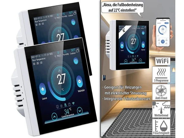 Revolt Thermostat Heizung WLAN:2er-Set WLAN-Thermostate Für Fußbodenheizungen, Touchdisplay 1