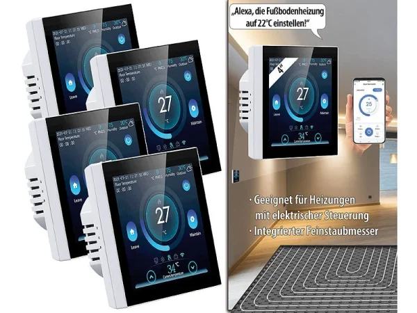 Revolt WLAN Thermostat Heizung:4er-Set WLAN-Thermostate Für Fußbodenheizungen, Touchdisplay 1