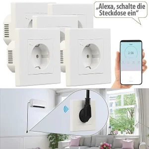 Luminea Home Control Amazon Alexa Steckdose:5er-Set WLAN-Unterputz-Steckdosen Mit Verbrauch-Messung, App, 3.680 W 16