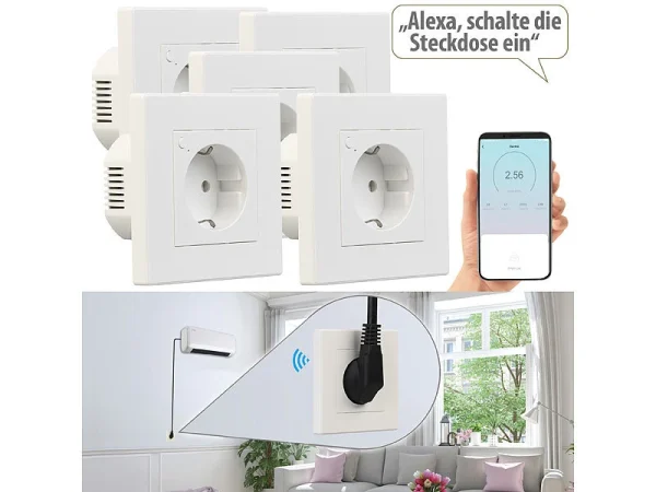 Luminea Home Control Amazon Alexa Steckdose:5er-Set WLAN-Unterputz-Steckdosen Mit Verbrauch-Messung, App, 3.680 W 3
