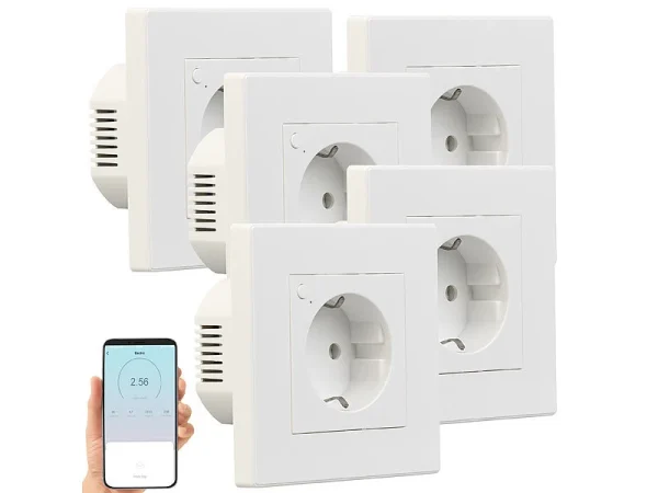 Luminea Home Control Amazon Alexa Steckdose:5er-Set WLAN-Unterputz-Steckdosen Mit Verbrauch-Messung, App, 3.680 W 4