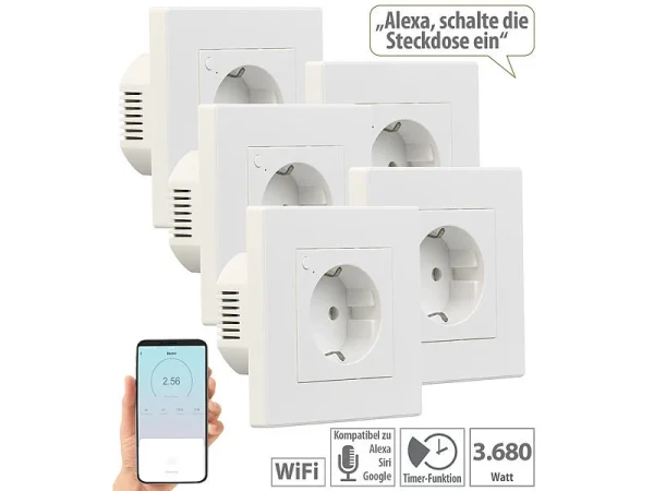 Luminea Home Control Amazon Alexa Steckdose:5er-Set WLAN-Unterputz-Steckdosen Mit Verbrauch-Messung, App, 3.680 W 1