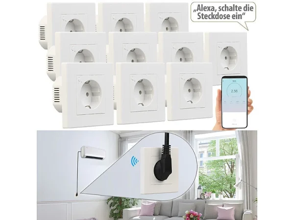 Luminea Home Control Alexa Smart Steckdose:10er-Set WLAN-Unterputz-Steckdosen Mit Verbrauch-Messung, App, 3.680 W 3