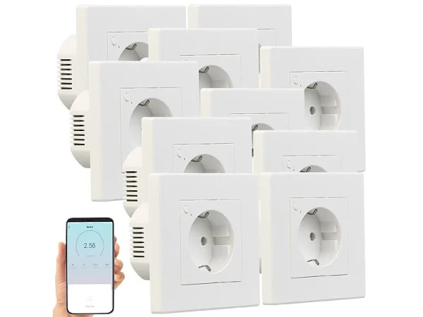 Luminea Home Control Alexa Smart Steckdose:10er-Set WLAN-Unterputz-Steckdosen Mit Verbrauch-Messung, App, 3.680 W 4