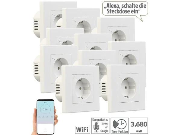 Luminea Home Control Alexa Smart Steckdose:10er-Set WLAN-Unterputz-Steckdosen Mit Verbrauch-Messung, App, 3.680 W 1