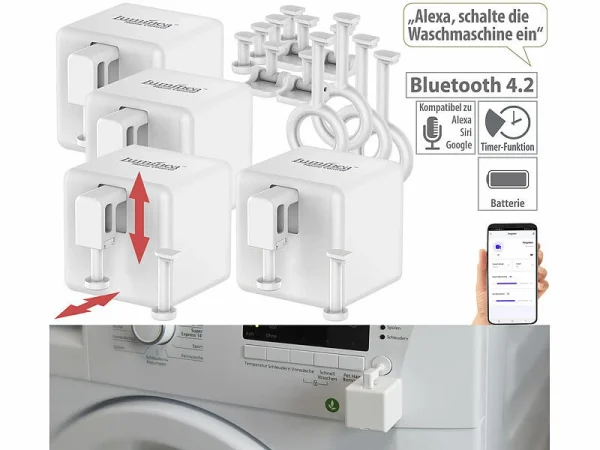 Luminea Home Control Bluetooth Schalter:4er-Set Smarte Schalter-Aufsätze Für Kippschalter & Taster, Mit App 1